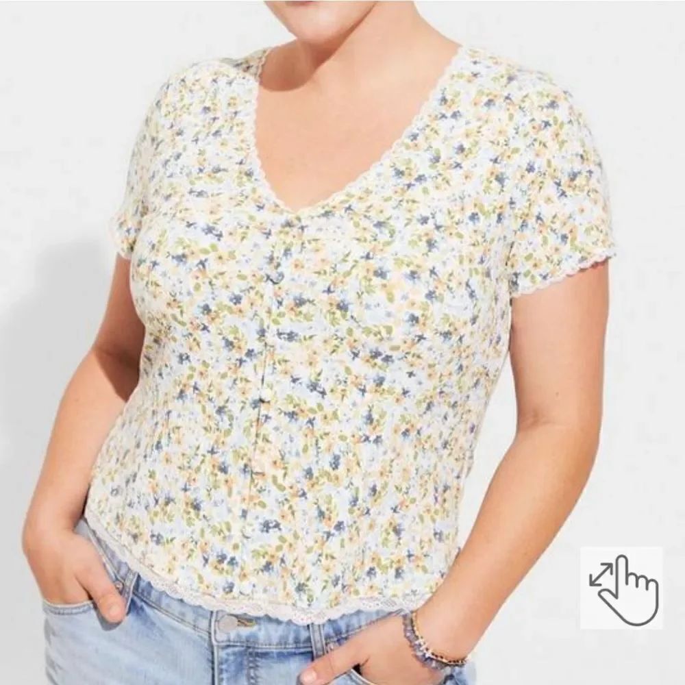 Torrid Fitted Supersoft Rib V-Neck Lace Trim Button Crop Tee